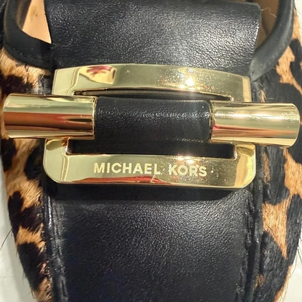 Michael Kors Leopard Calf Hair Flats Size 8 Gold Logo Ballet Shoes